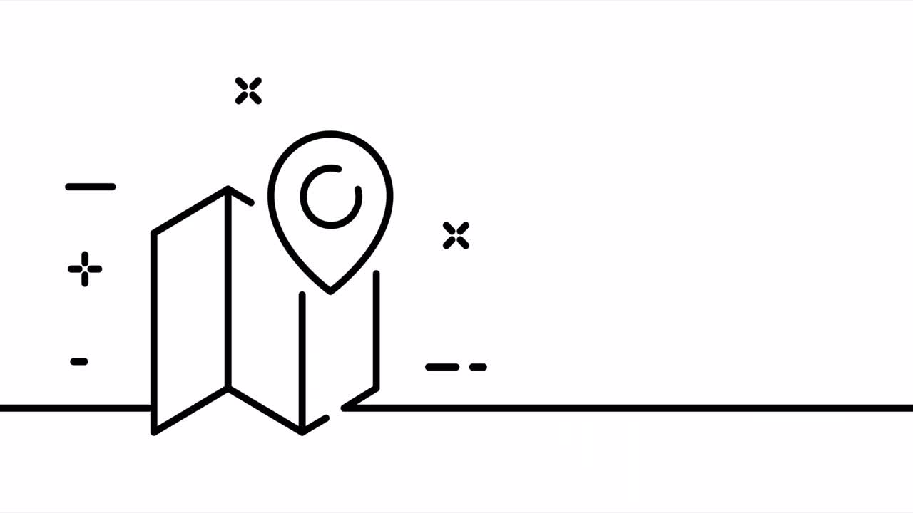 dibujo de línea única, geolocalización de línea sólida. animación de dibujo de una línea de mapa, etiqueta y dirección. el logotipo de viaje está animado. video 4k