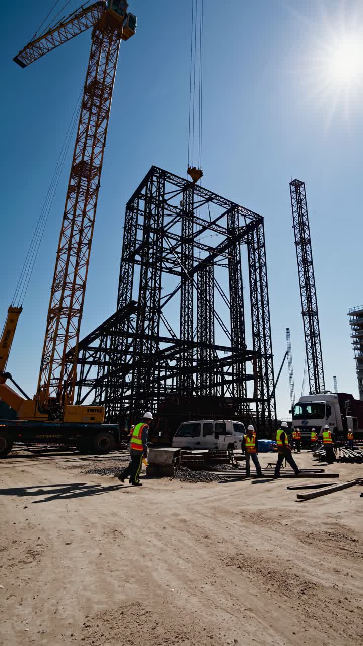Low-angle shot of a construction site with workers and cranes under a bright sun
