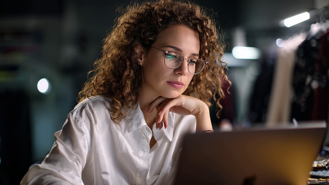 Jovem mulher com cabelo encaracolado foca intensamente na tela do laptop. Ela usa óculos e apoia o queixo na mão. Brilho suave da tela ilumina o rosto dela.
