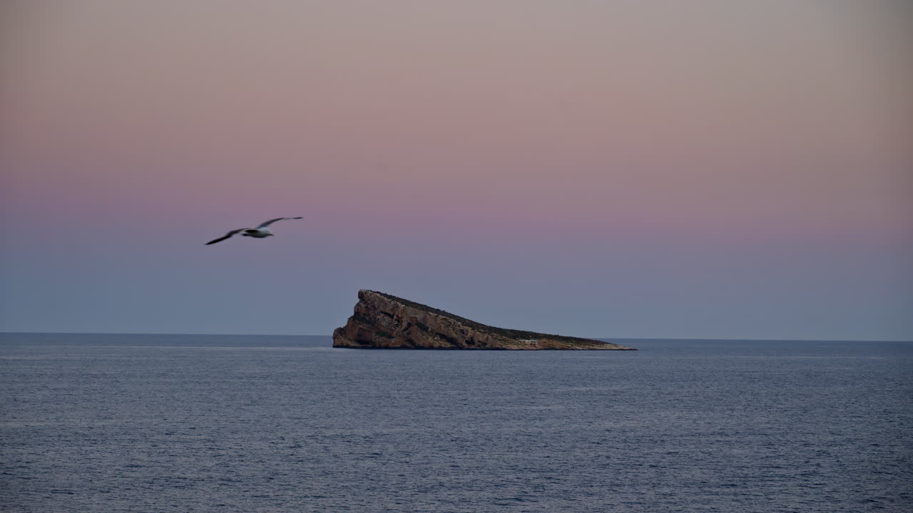 Dusk falling over a lonely offshore islet as a gull glides through a pastel sky in Alicante, Spain