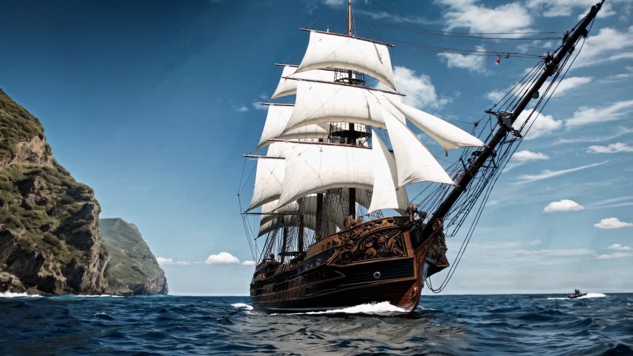 Maestosa barca a vela in mare aperto, ripresa da un angolo basso
