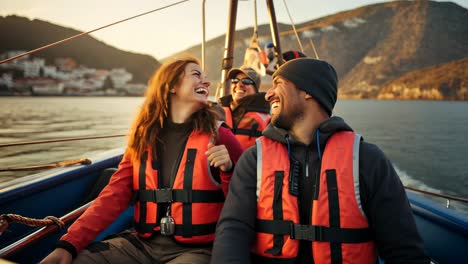 happy friends enjoying a boat ride at sunset on a lake