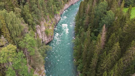 Aerial-view-of-a-wild-river-flowing-through-a-dense-forest,-showcasing-the-beauty-and-power-of-nature