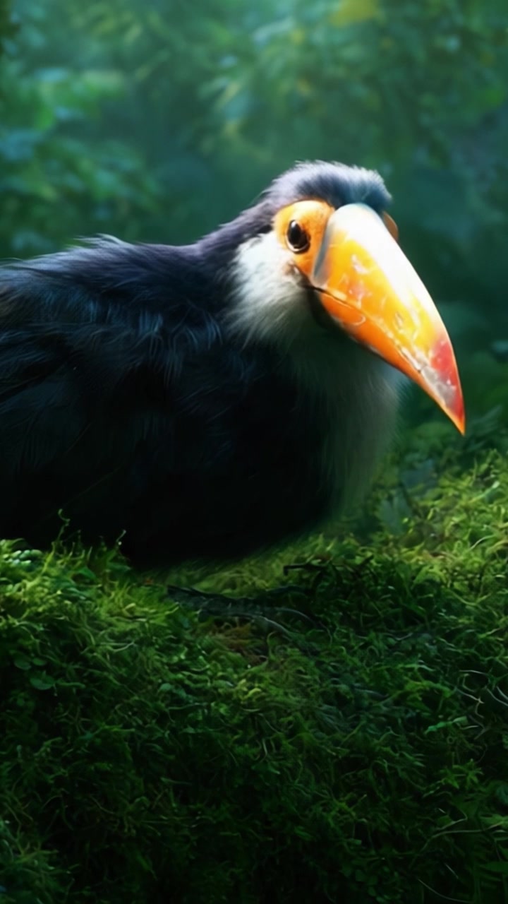 Un Vivace Uccello Tropicale nel Suo Habitat Rigoglioso: Catturato in Due Fotogrammi, Che Mette in Mostra la Bellezza e le Caratteristiche Colorate di una Specie Aviaria Unica