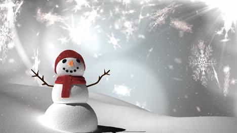 Snow-falling-over-snowwoman-on-winter-landscape-against-snowflakes-on-grey-background