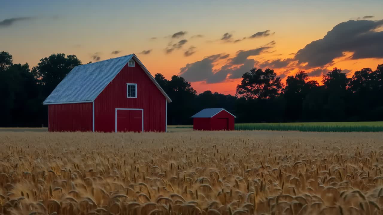 A red barn sits in the middle of a wheat field at sunset