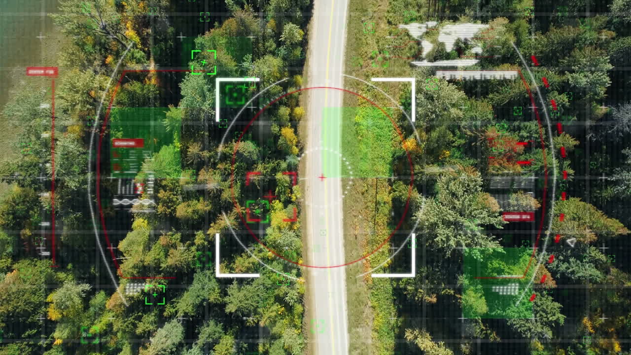 Animation of scope and data processing over road and landscape
