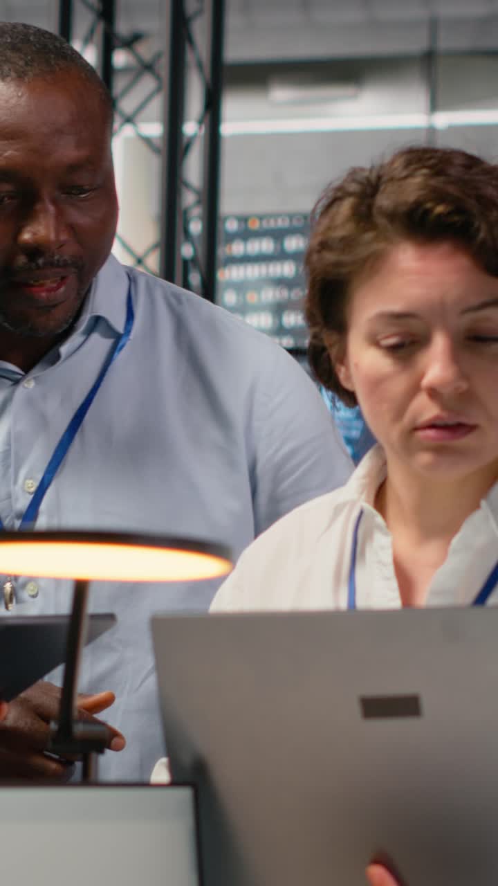 Vertical video Engineering team in startup office working with AI technology