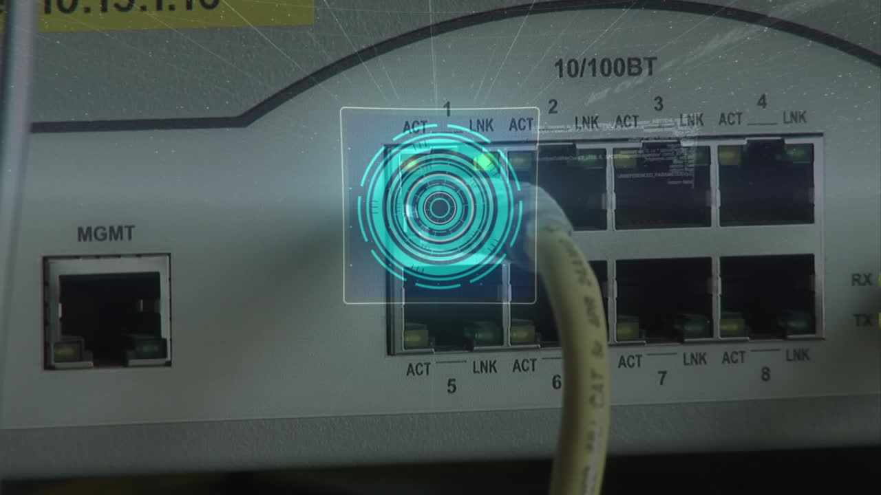 animación de la interfaz brillante con información y texto de 6g sobre el puerto y el cable del servidor de computadora