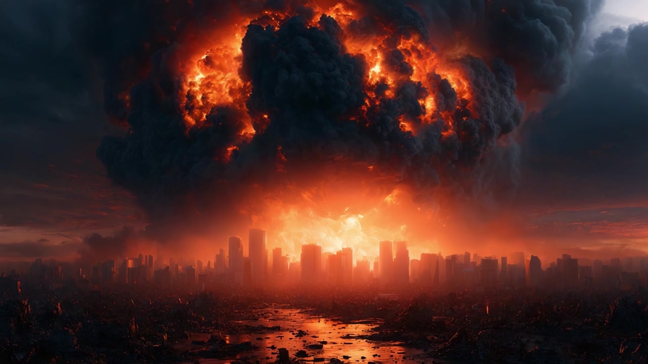 Scena Apocalittica Drammatica con Palla di Fuoco Esplosiva Sopra un Paesaggio Urbano in Rovina, Illustrando il Caos e la Distruzione di un Evento Catastrofico