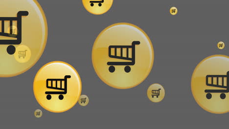 animación de iconos digitales amarillos de compras en línea volando sobre un fondo gris