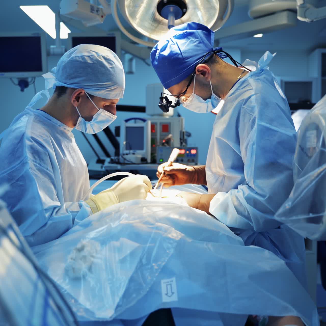Medical equipment on surgery background. Neurosurgeons performing an operation in a modern surgical room.