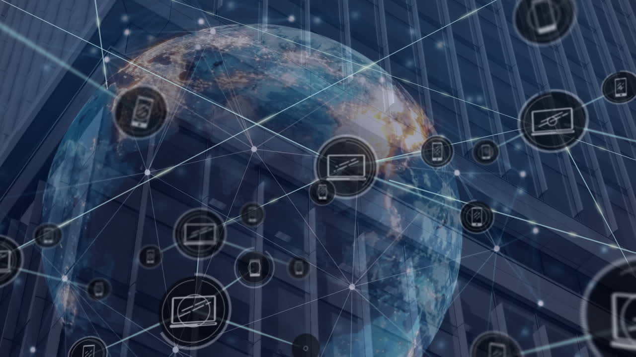 Animation of connected icons and red dots over dots around globe against building in background