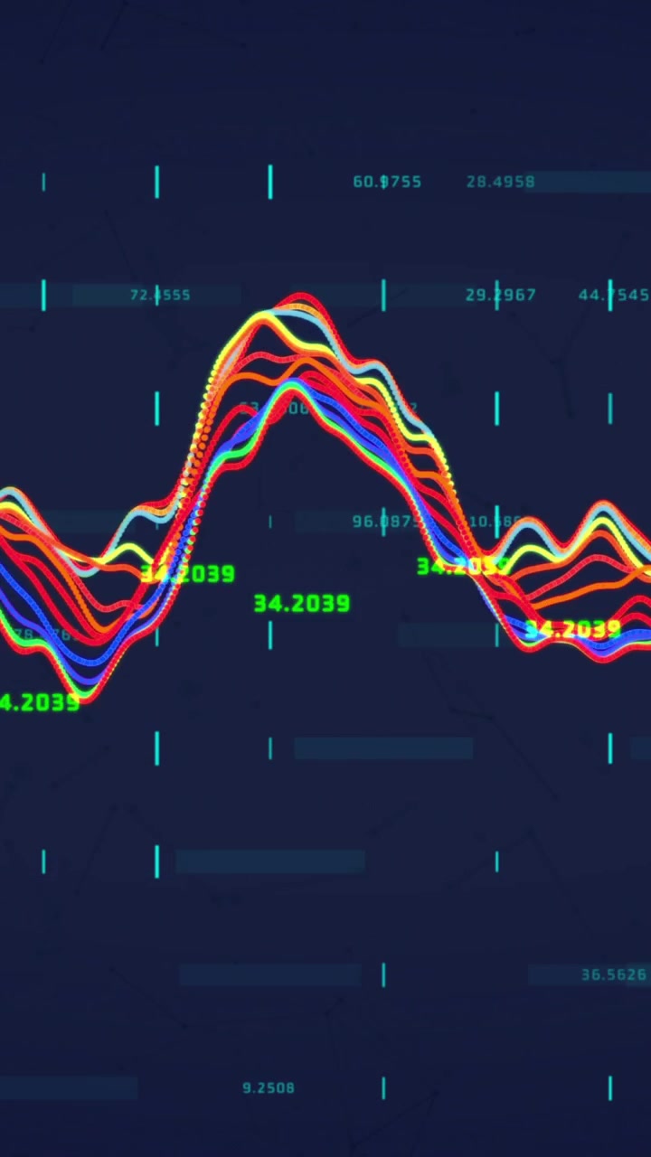 Animation of financial data processing over network of connections on black background