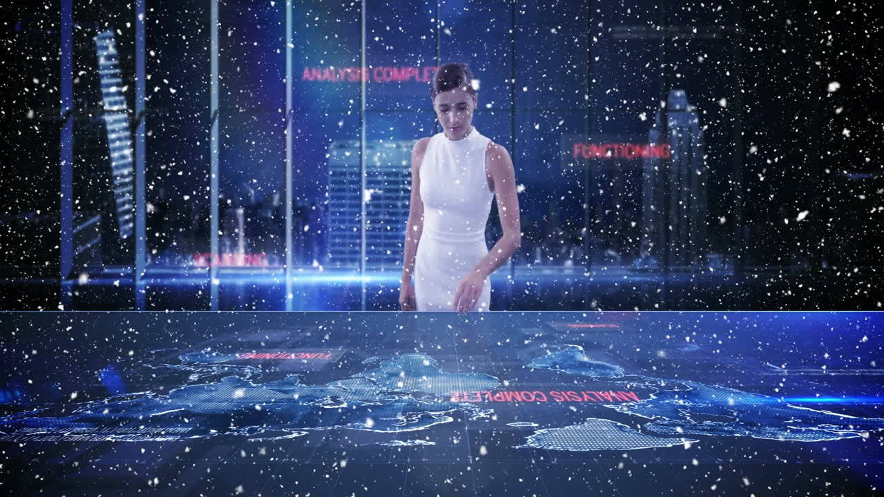 In snowy cityscape, woman interacting with futuristic animation on holographic display