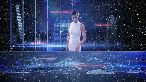 in snowy cityscape, woman interacting with futuristic animation on holographic display