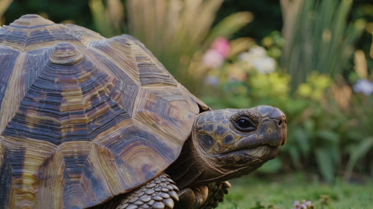 Close-up side view of a tortoise in a garden setting, showcasing its textured shell and natural