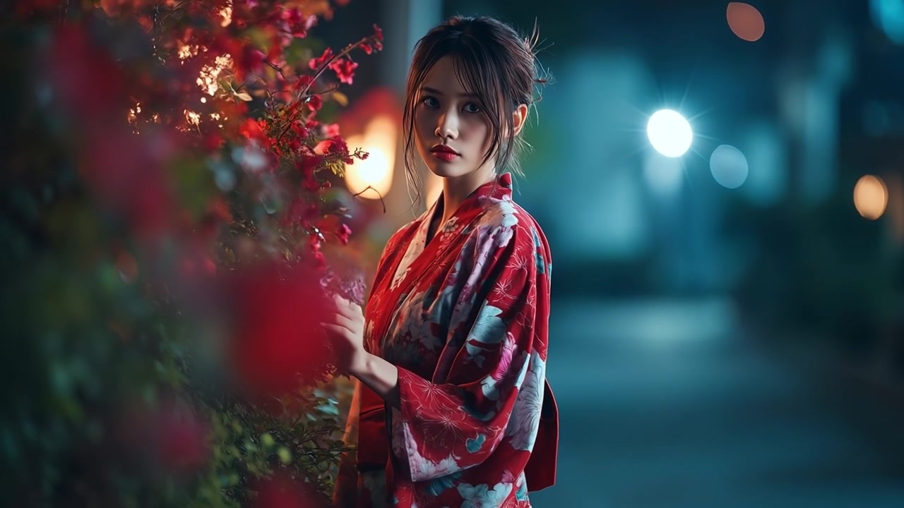 Bella giovane donna in kimono rosso che posa accanto a un cespuglio fiorito di notte