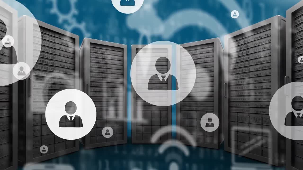 Animation of media icons over server room
