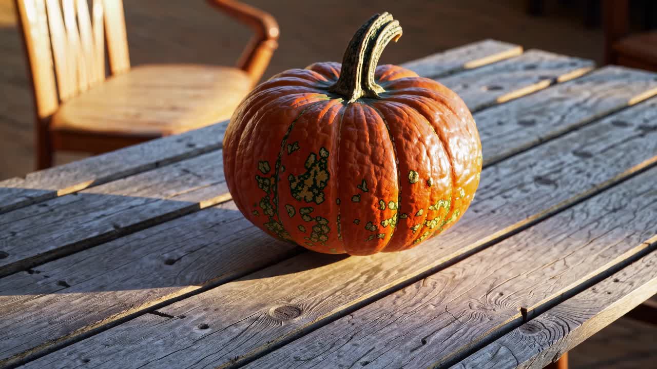 A rustic video concept featuring a pumpkin on a weathered wooden table