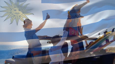 composite video of waving uruguay flag over group of diverse friends toasting beers in the car
