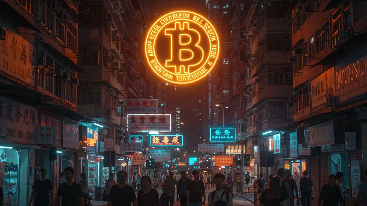 Illuminated Bitcoin Symbol Over a Bustling Urban Street Scene at Night Highlighting Vibrant Neon Lights and a Diverse Crowd in an Enigmatic Cityscape
