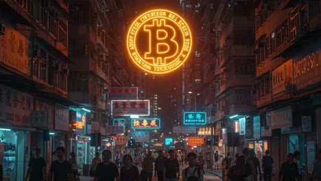 illuminated bitcoin symbol over a bustling urban street scene at night highlighting vibrant neon lights and a diverse crowd in an enigmatic cityscape
