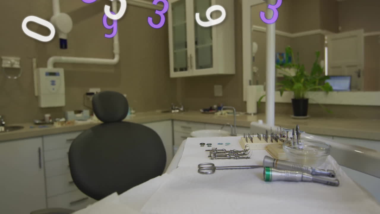 Dental office with floating numbers animation over dental tools on counter