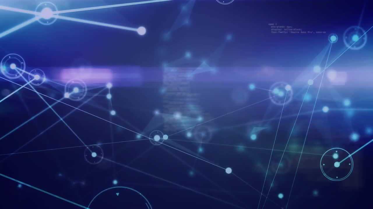 animación de moléculas, red de conexiones y procesamiento de datos sobre fondo azul