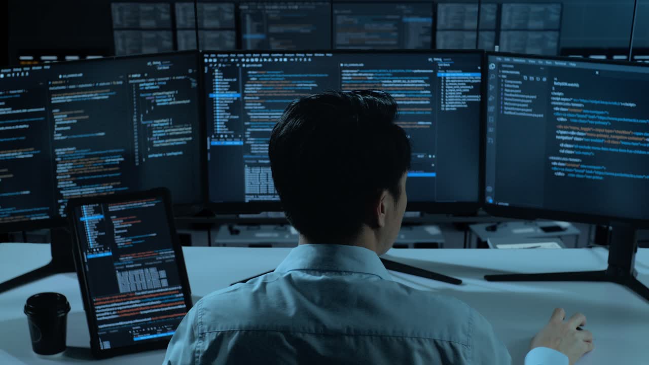 programador trabajando hasta tarde en una oficina de tecnología