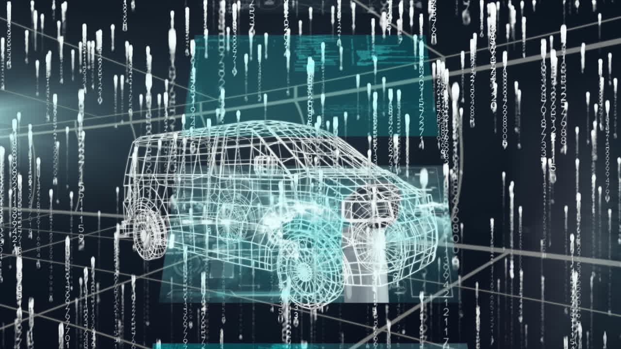 스크린과 빛 트레일에 대한 데이터 처리 애니메이션과 밴과 그리드의 3d 드로잉 모델
