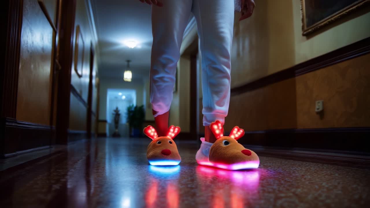 A Festive Touch: A Close-Up of Colorful LED Reindeer Slippers Illuminating a Hallway, Perfect for Celebrating the Holiday Season and Bringing Cheer to Your Home Decor