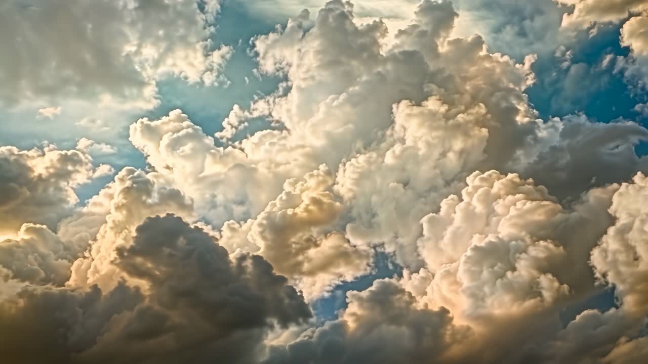 Dramatic video scene of towering clouds painted in a Baroque style, captured from a low-angle