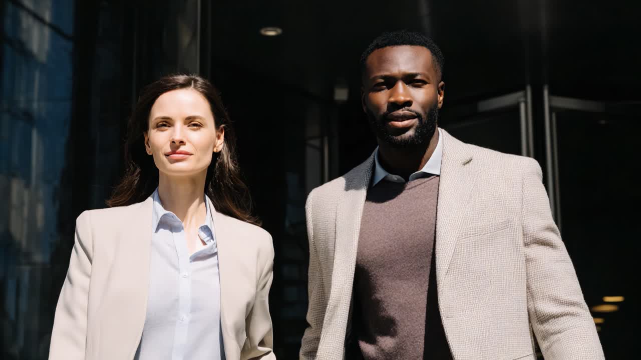 A confident professional couple steps out of a modern building, embodying success and style as they embrace the morning light with a sense of purpose and determination