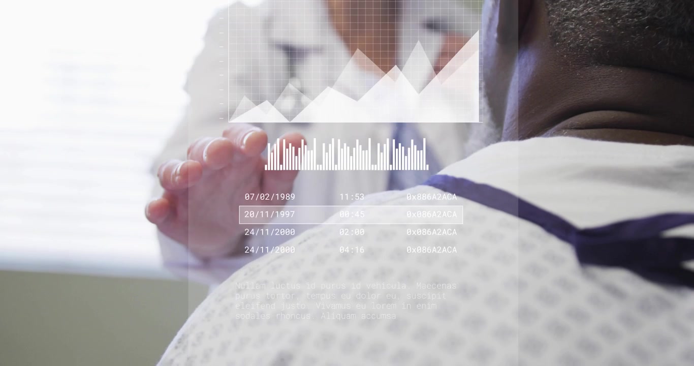 Doctor lifting hand and manipulating medical bar chart overlay over patient back for data review