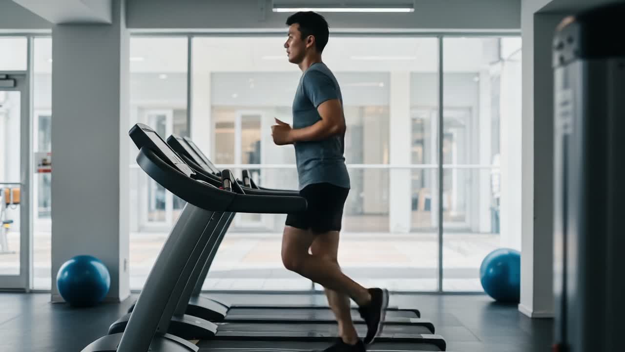 Un giovane uomo impegnato in un intenso allenamento cardio su un tapis roulant, che mostra determinazione e concentrazione in un ambiente moderno di palestra con luce naturale che entra.