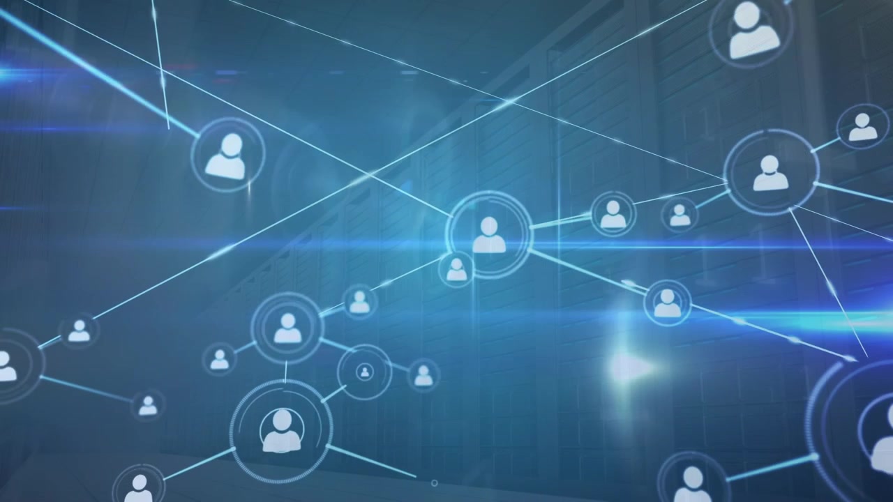 Animation of network of connections and servers over blue background