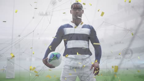 animación de confeti y red de conexiones sobre jugador de rugby afroamericano