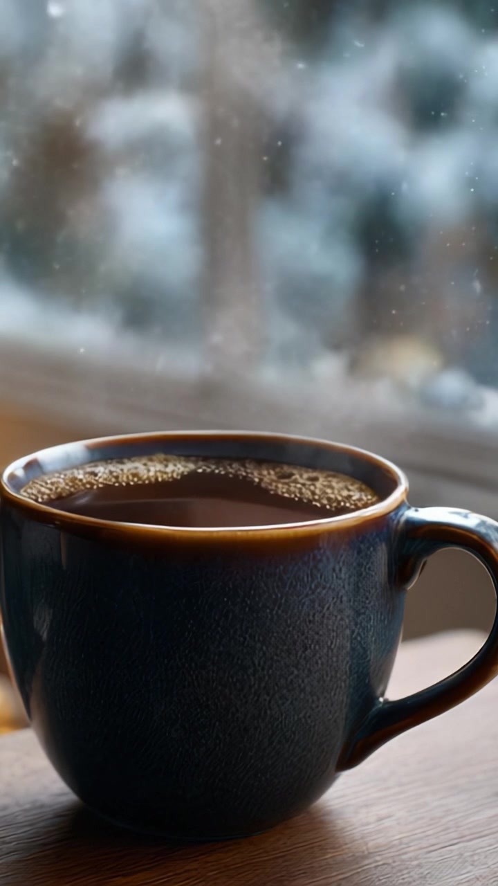 Una tazza di caffè calda in una accogliente giornata invernale, che emette vapore e circondata da uno sfondo innevato, perfetta per evocare comfort e relax.