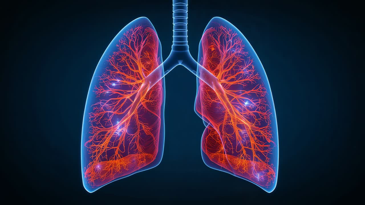 Trachea 3D pulsante con polmoni destro e sinistro che mostrano i vasi delle vie aeree su sfondo scuro, nodi viola