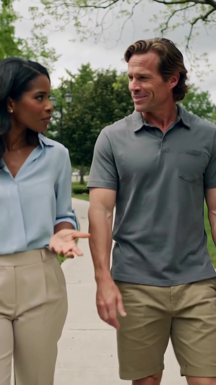 Vertical video: Walking man in gray polo turning toward woman starting speaking on sidewalk, trees