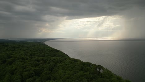 Aerial-View-Of-Coastal-Landform-And-Sea-Under-The-Storm-Clouds-In-Swinoujscie,-Poland