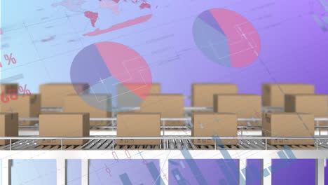 animation of statistical data processing over boxes on conveyer belt against gradient background