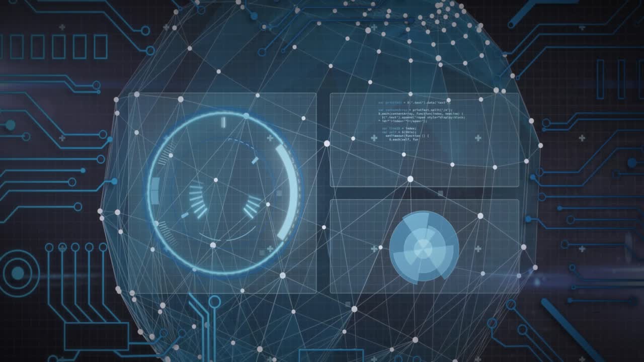 Animation of data processing with globe of connections on black background