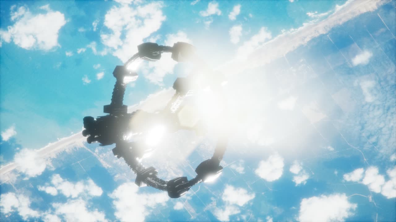 지구와 우주선의 모습. iss는 지구를 공전하고 있습니다.