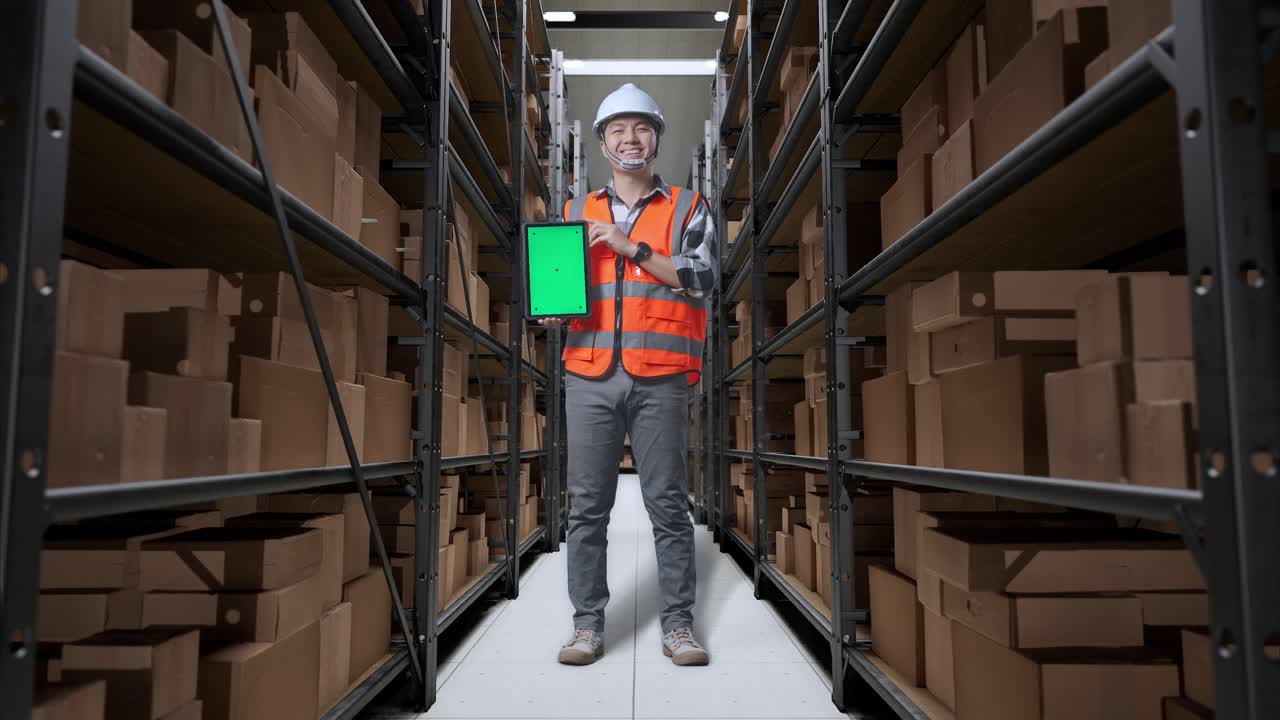 cuerpo lleno de ingeniero masculino asiático con casco de seguridad de pie en el almacén con estantes llenos de productos de entrega. sonriendo y mostrando la tableta de pantalla verde a la cámara en el almacenamiento