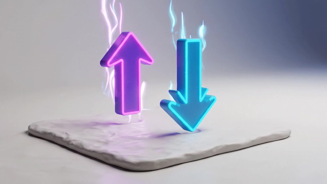 Abstract Image Showing a Flattened Surface with Colorful Upward and Downward Arrows Symbolizing Movement and Change in a Minimalistic Environment