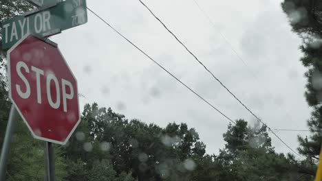 rainy view from car window in a small town in north carolina