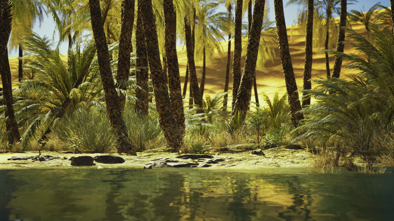 Lush tropical oasis surrounded by palm trees and golden sand dunes