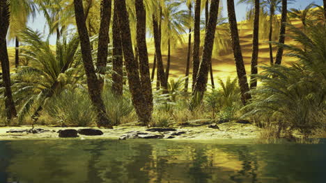 lush tropical oasis surrounded by palm trees and golden sand dunes